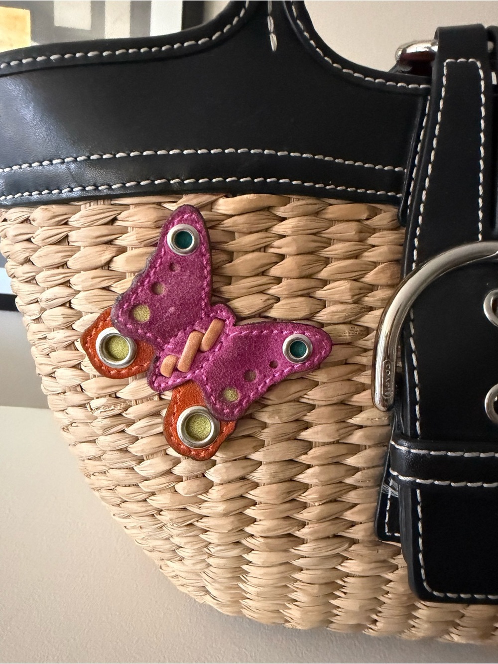 Coach Straw Tote with Black Trim and Pink Interior Accent - Picture 5 of 13